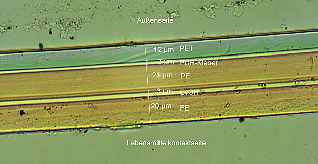 Abb. 1: Mikrotomschnitt (400x mikroskopische Vergrerung) einer Verpackungsfolie aus Kunststoff mit eingebetteter Sauerstoffbarriere aus EvOH.