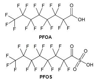 Abbildung: Strukturformeln von PFOA und PFOS.