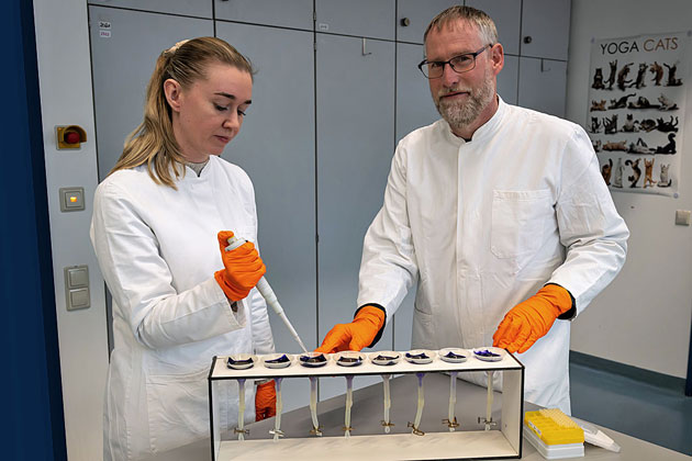 Bild 4: Blick in das Labor der Parasitologie am CVUA Stuttgart. Eine Mitarbeiterin wird von ihrem Mentor bei der Bearbeitung parasitologischer Proben angeleitet.