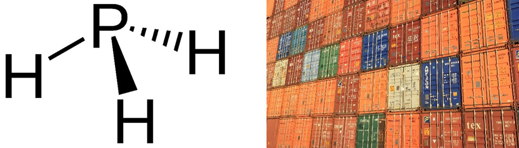 Abbildung 1 (links): Strukturformel Phosphin; Abbildung 2 (rechts): Foto von gestapelten Frachtcontainern.