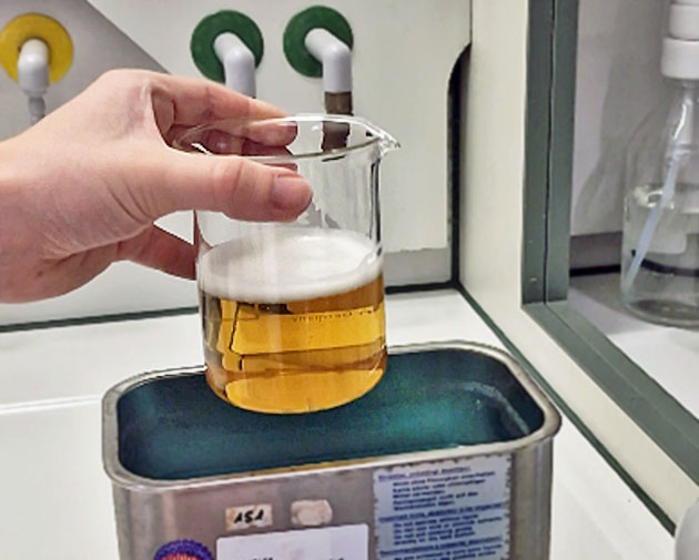 Ein mit Bier gef�lltes Becherglas wird in ein Ultraschallbad getaucht.