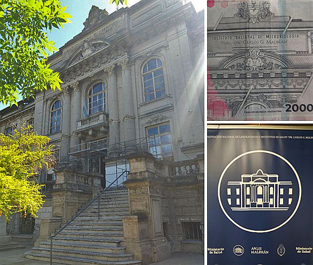 Fotocollage: Foto des historischen Eingangs des ANLIS Hauptgeb�udes; R�ckseite der Banknote mit stilliierten Architekturelementen und der Aufschrift Carlos G. Malbran; Logo: Eingangsportal des ANLIS stilisiert in Siegelform auf dunkelblauem Hintergrund.